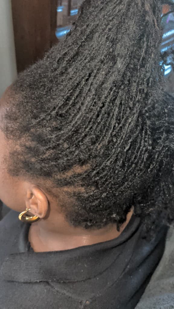 Sisterlocks styled in an updo