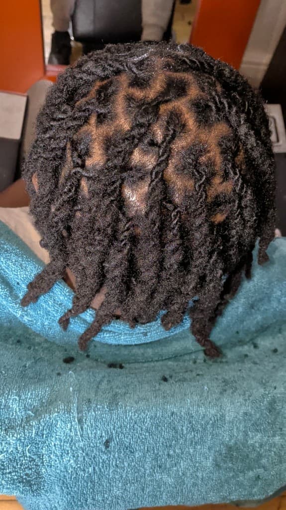 Two-strand starter locs overhead view in teal salon chair
